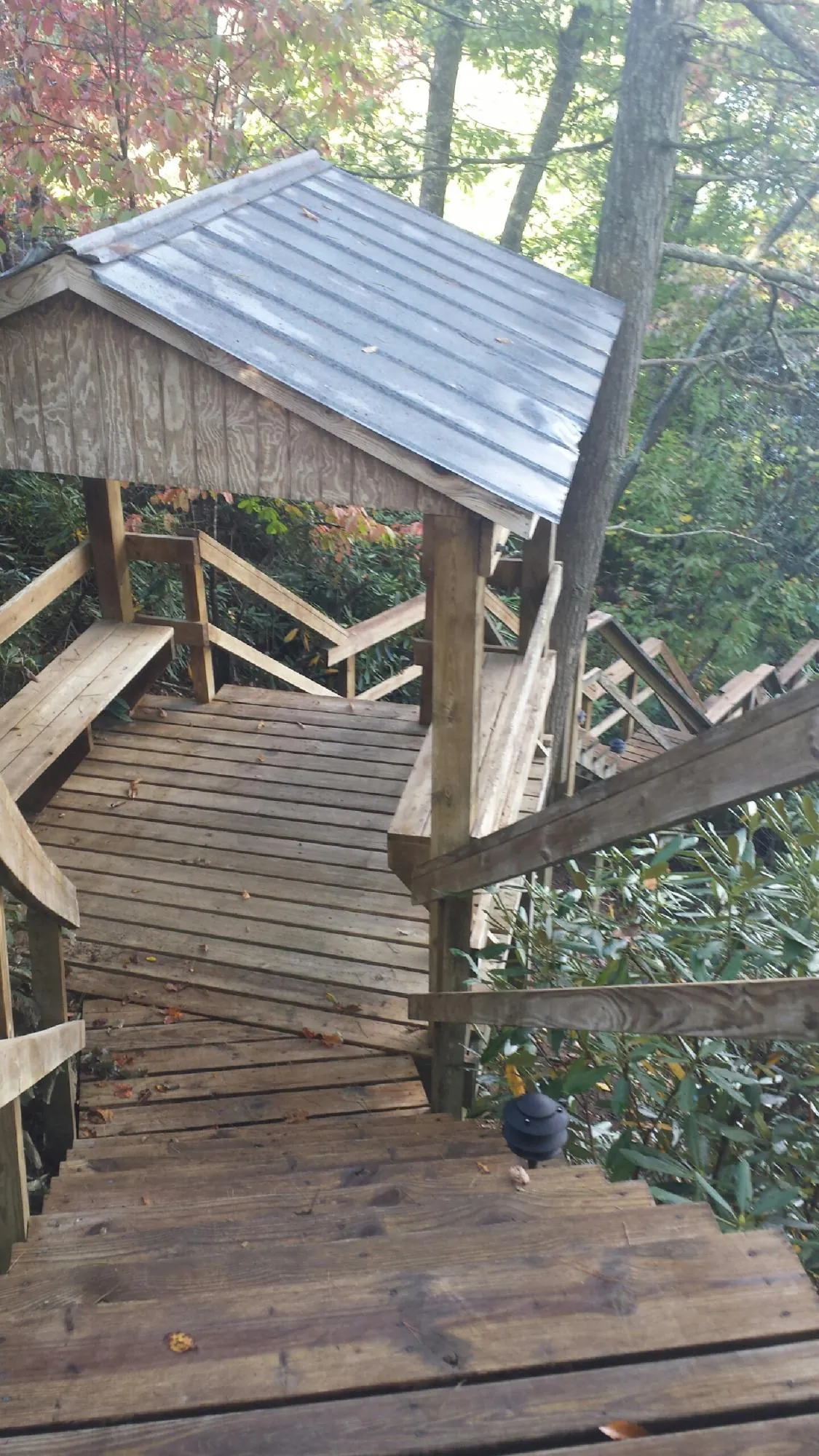 Metal roofed shelter over wooden steps on a wooded walkway — Skylight Repair & Installation work by our crew in Boulder Creek